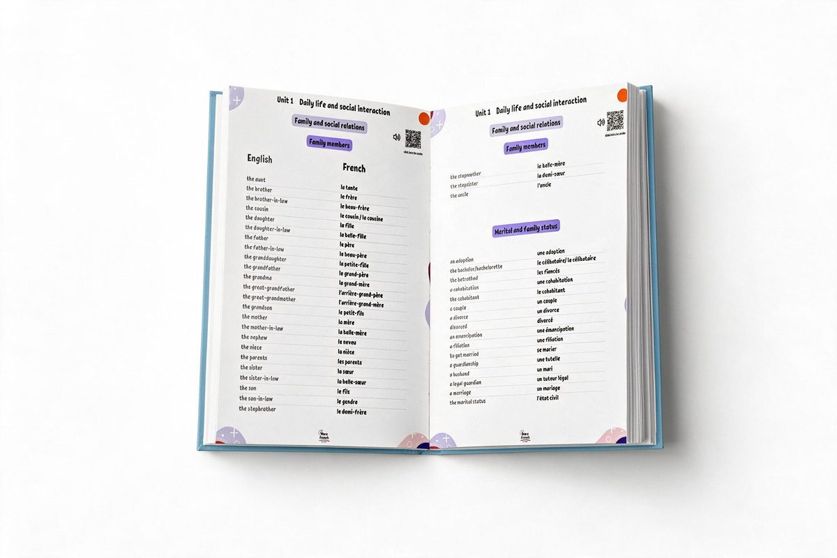 Page de vocabulaire du livre ouvert